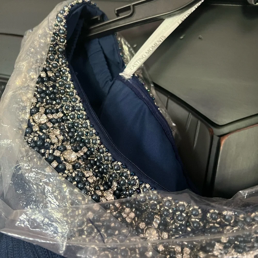 Chic Navy Blue Maxi Dress with Embellished Neckline - Picture 5 of 7